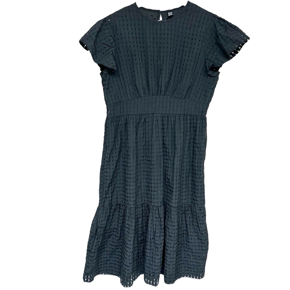 JORESS Rare Y2k Empire Waist Midi Dress Tiered Eyelet Flutter Sleeves 12 Black